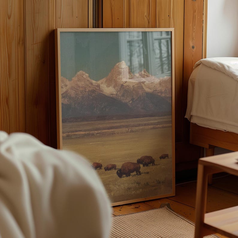 Bison Grazing in a Field Vintage Oil Painting Print Rustic Antique ...