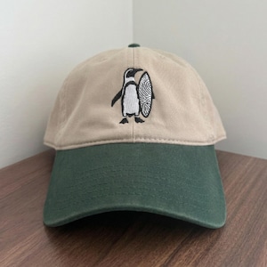 Penguin Surfer Hat, Men Women Embroidered Cap, Surf Penguin Dad Hat, Gift for Surfers, Retro Beach Style Cap, 6 Panel Low Profile Khaki/Green