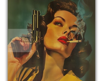 Vintage Woman With a Gun Poster Retro Woman Smoking a Cigarette Wall Art  Badass Bestie Eclectic Wall Art Funny Retro Wall Decor