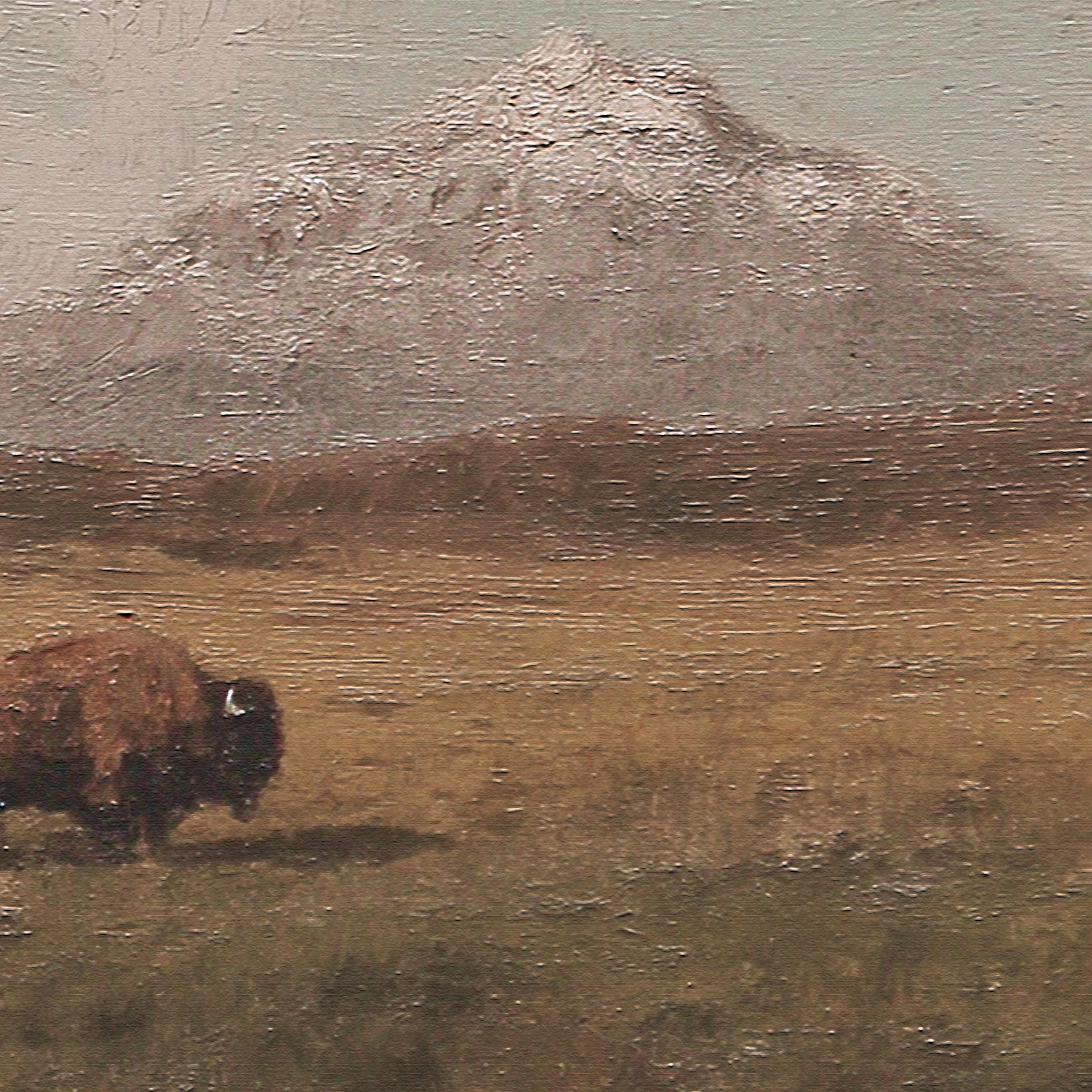 Lone Bison in a Field Vintage Oil Painting Print Rustic Antique Retro ...
