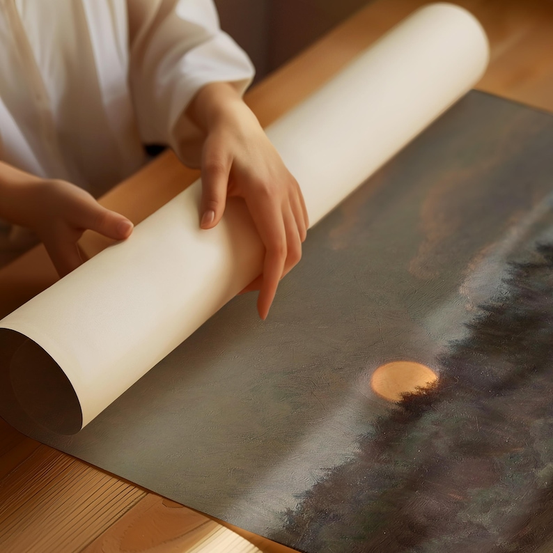 Puede incluir: Una impresi&oacute;n art&iacute;stica enrollada, de color blanquecino, se desenrolla sobre una superficie de madera. La impresi&oacute;n presenta una pintura de paisaje con una puesta de sol y &aacute;rboles. La obra de arte es principalmente en tonos grises, azules y naranjas.