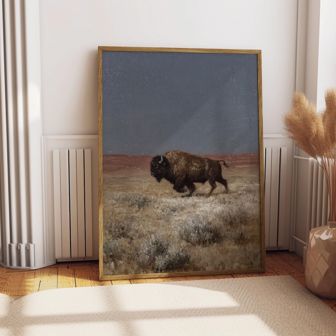Standing Buffalo Print, Vintage Bison Prairie Art, Antique Oil Painting ...