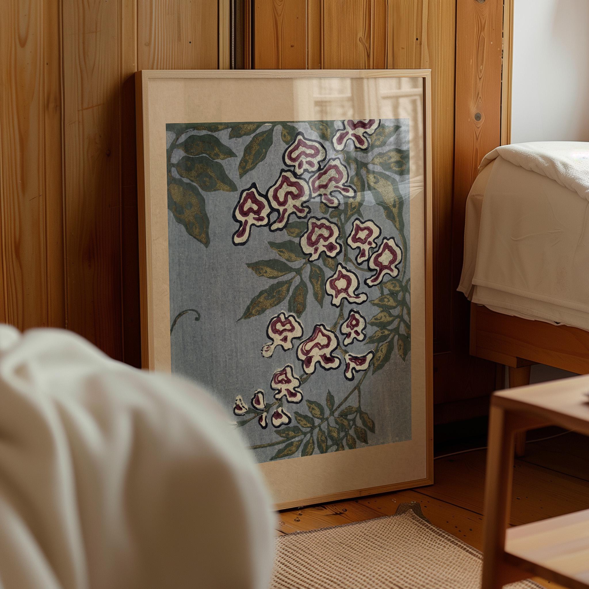 Vintage Japanese Floral Print, Antique Wisteria Botanical Wall Art