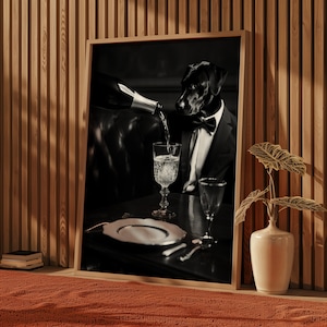 Black Lab Dog Being Served Champagne Funny Black and White Dog Print of Vintage Styled Beverage Poster Bar Wall Decor image 2