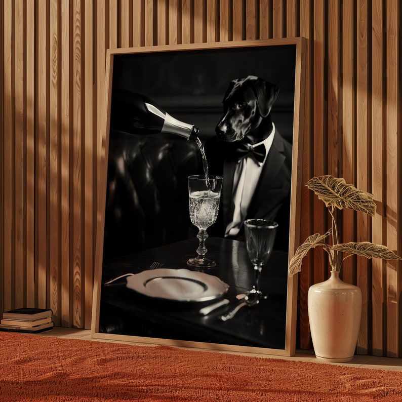 Black Lab Dog Being Served Champagne Funny Black and White Dog Print of Vintage Styled Beverage Poster Bar Wall Decor image 2