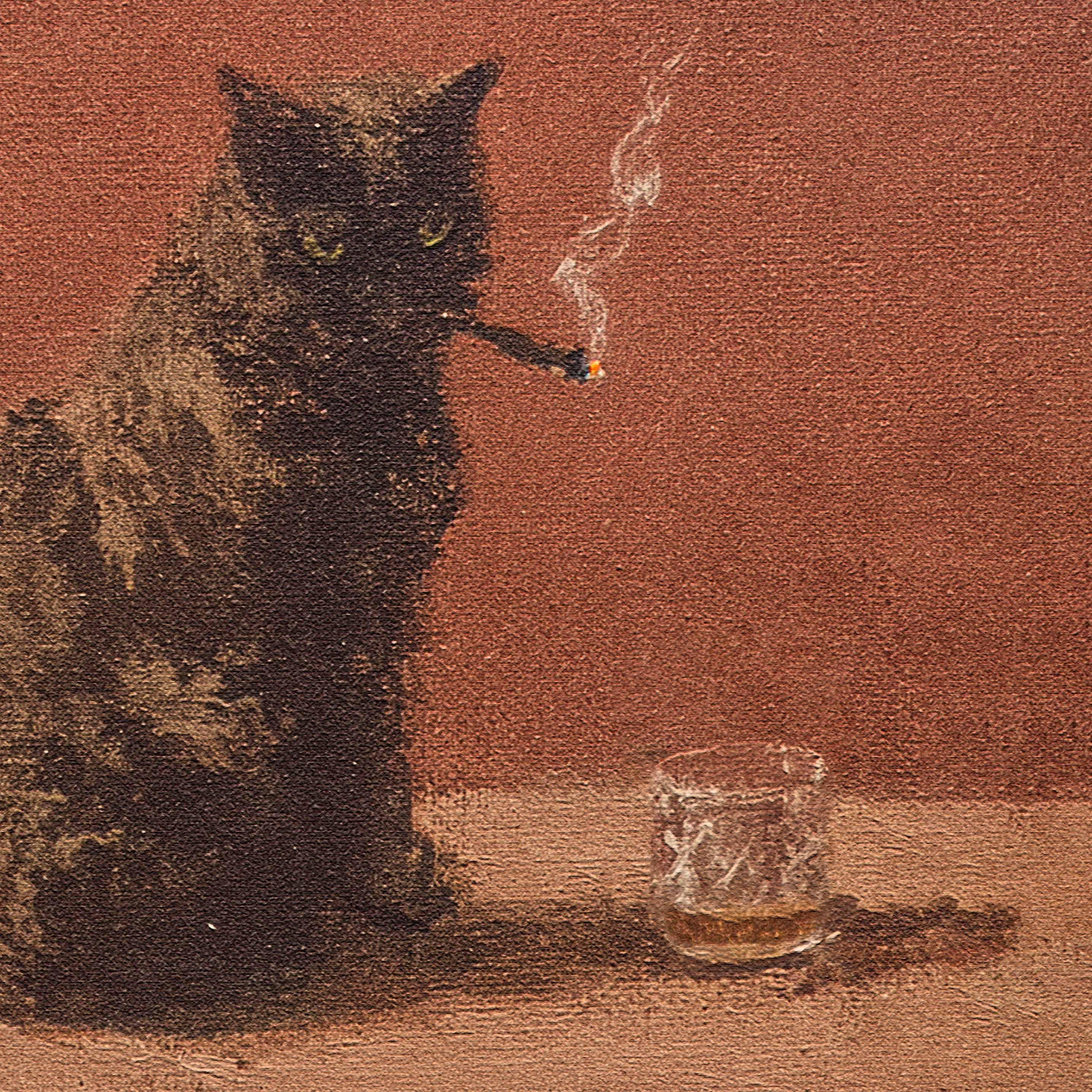 black cat smoking cigarette painting Black Cat Smoking a Cigarette Print Vintage Oil Painting Funny Animal Art  Whimsical Wall Art Poster for Bar Cart Quirky Kitchen Wall Decor