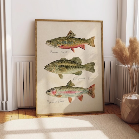 Trout and Bass Watercolor Art Print, Fly Fishing Poster, Retro Cabin Wall Decor, Outdoor Sports Illustration, Father's Day Gift for Dad