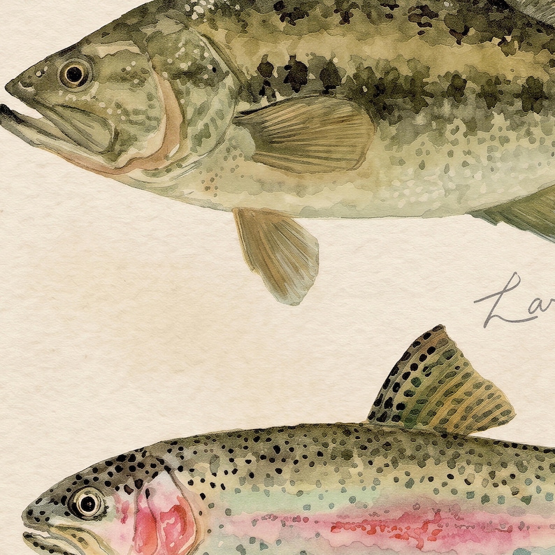 Puede incluir: Ilustraci&oacute;n en acuarela de dos peces. El pez superior es un r&oacute;balo de boca grande, con un patr&oacute;n moteado verde y marr&oacute;n. El pez inferior es una trucha arco&iacute;ris, con una franja rosa y un patr&oacute;n salpicado. El fondo es de color beige claro.