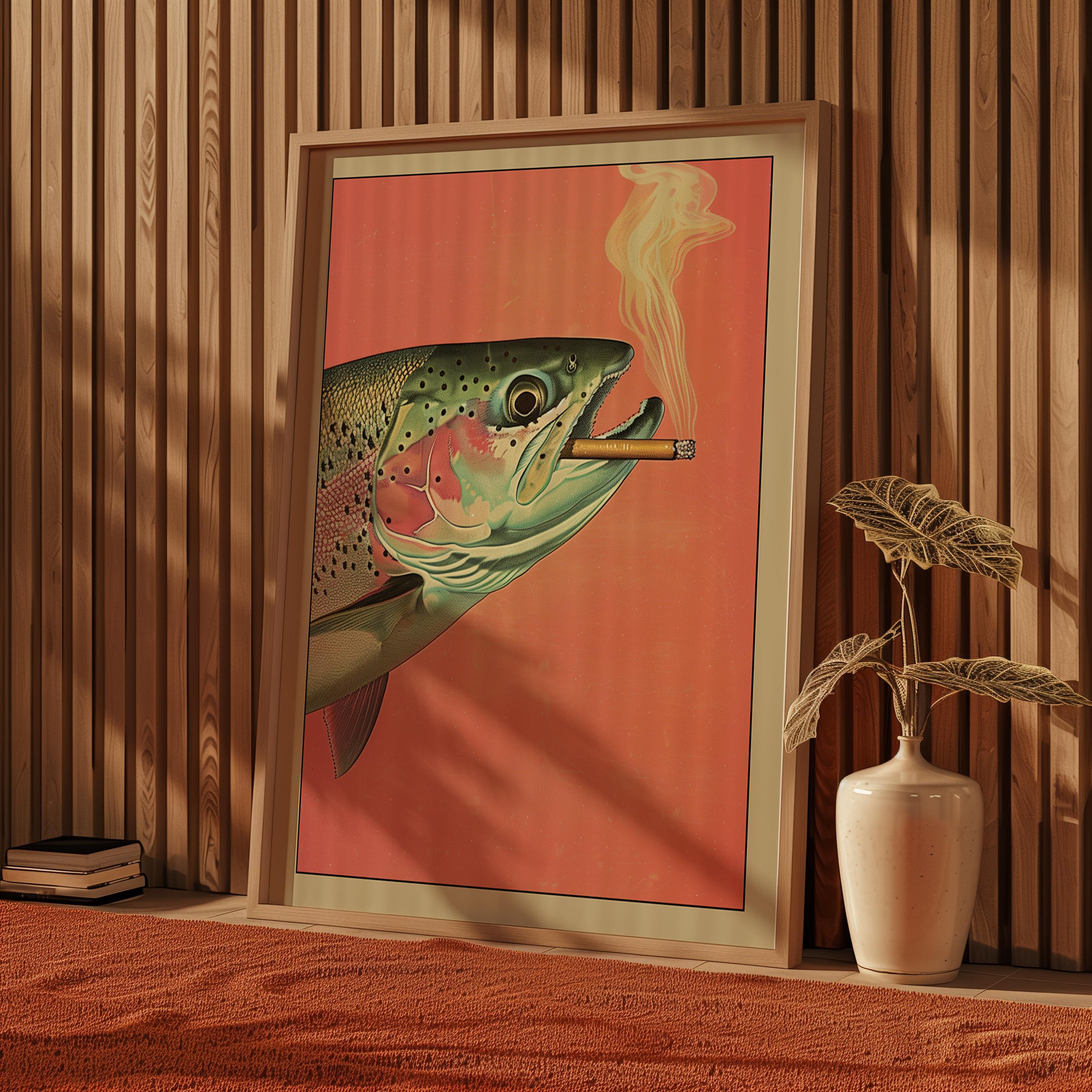 Trout Smoking a Cigarette Vintage Poster Art Funny Retro Whimsical Print  Cabin Wall Decor Outdoor Sports Fisherman Illustration Gift for Dad
