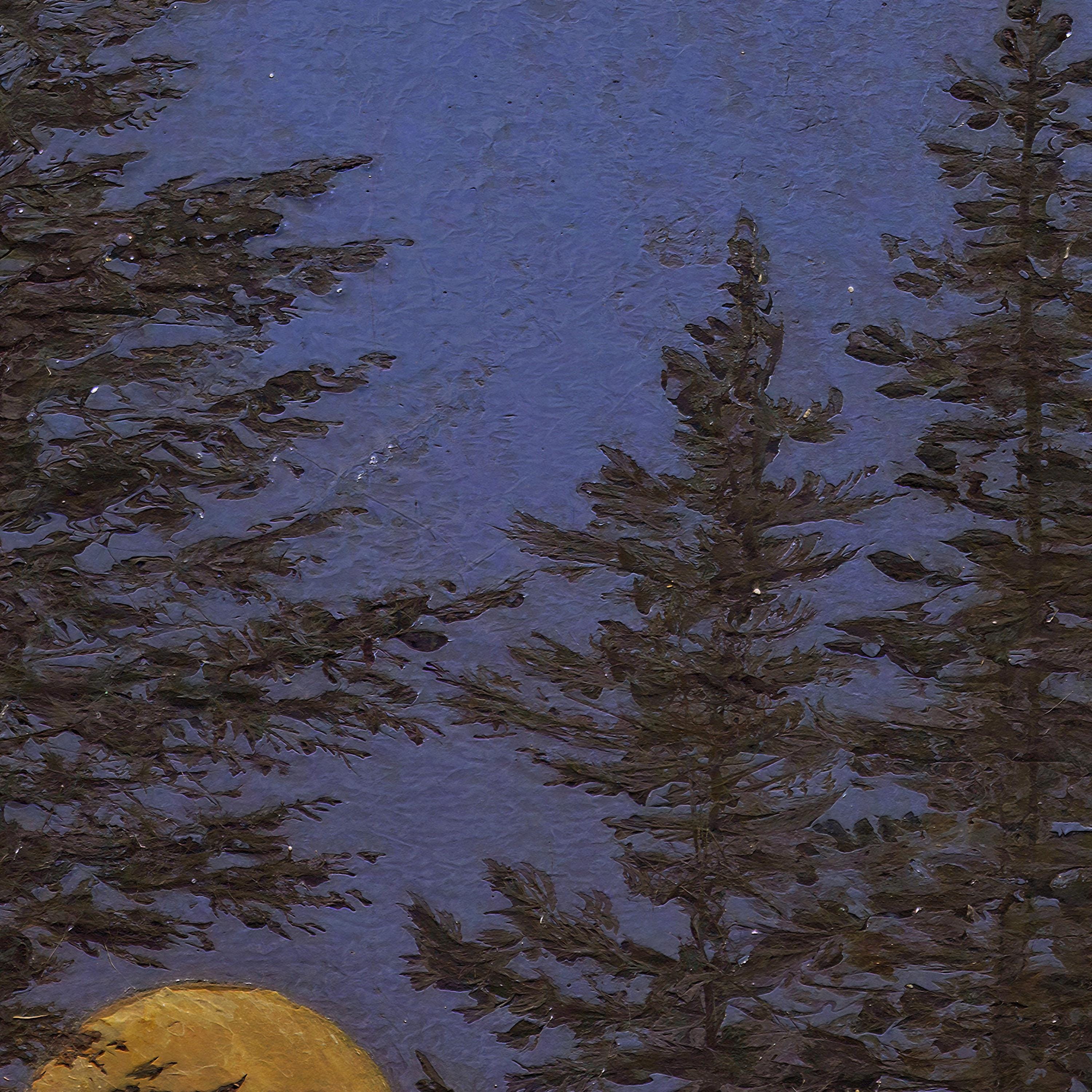 Full Moon Forest Print, Vintage Night Sky Pine Tree Wall Art, Dark Blue ...