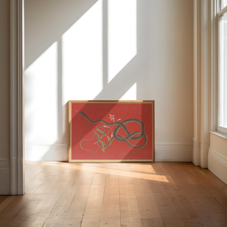 May include: A framed print of a black snake coiled around a vine with pink flowers on a red background.