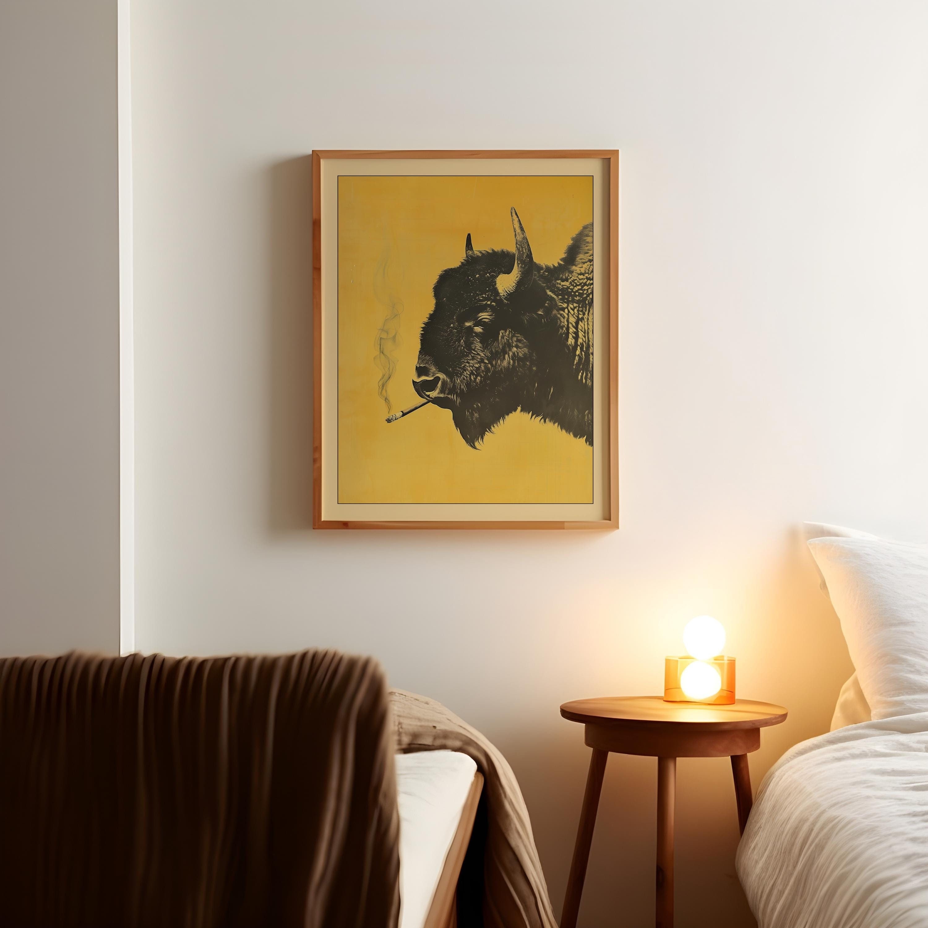 Bison Smoking a Cigarette Vintage Poster Art Funny Buffalo Retro