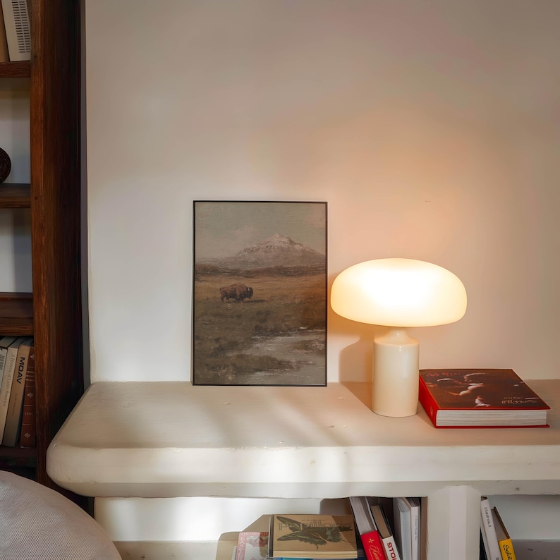 Lone Bison in a Field Vintage Oil Painting Print Rustic Antique Retro ...