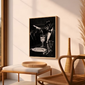 Black Lab Dog Being Served Champagne Funny Black and White Dog Print of Vintage Styled Beverage Poster Bar Wall Decor image 6