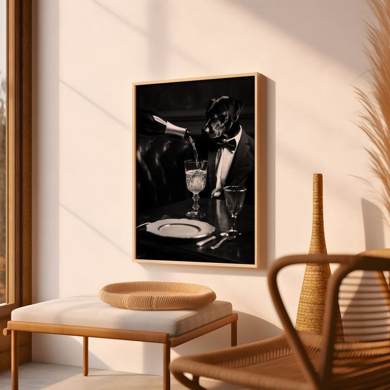 Black Lab Dog Being Served Champagne Funny Black and White Dog Print of Vintage Styled Beverage Poster Bar Wall Decor image 6