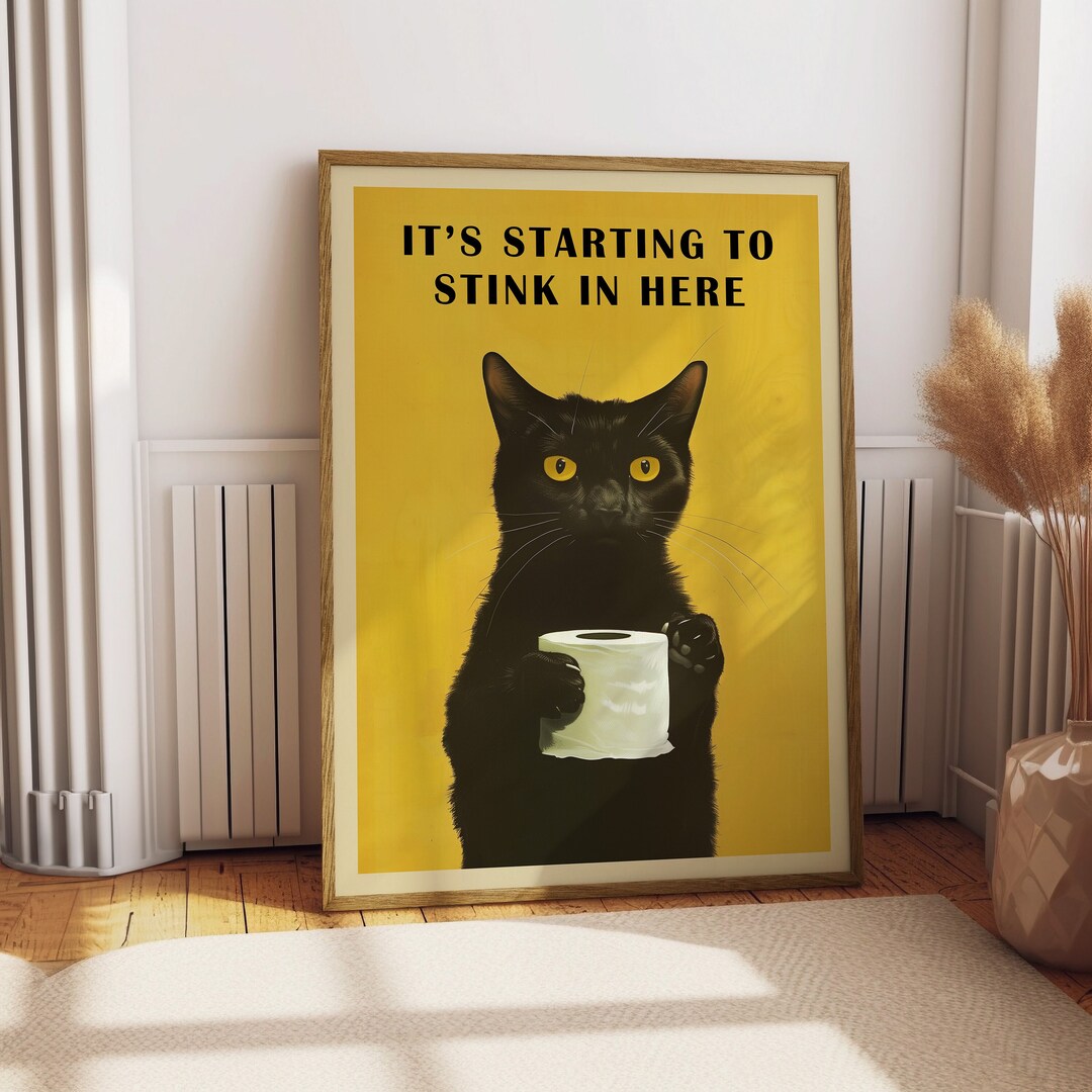 Funny Black Cat Bathroom Wall Art Poster Stinky Pooping Cat Holding ...