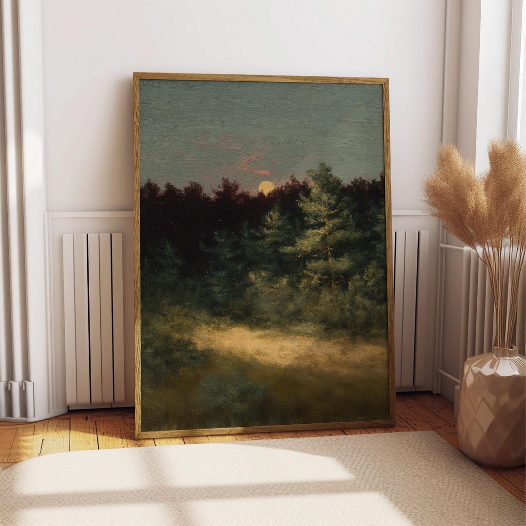 Moody Forest Moon Oil Painting Print, Vintage Woodland Wall Art, Dark ...