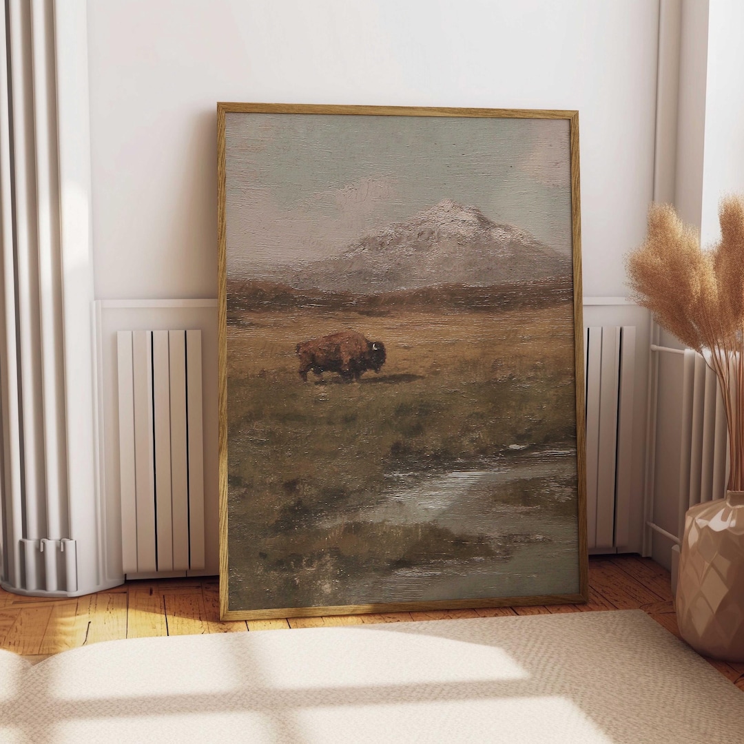 Lone Bison in a Field Vintage Oil Painting Print Rustic Antique Retro ...
