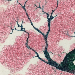 May include: A close-up of a pink cherry blossom tree branch with dark blue branches and a green trunk against a cream-colored background. The pink blossoms are made up of small, dotted patterns, creating a textured effect. The image has a vintage, artistic feel.