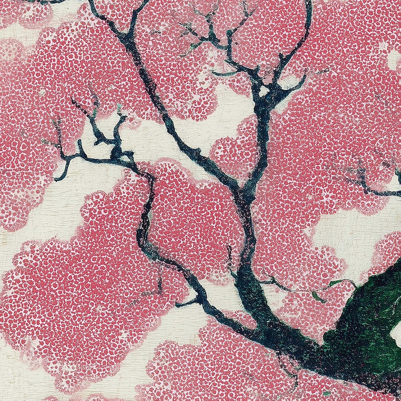 May include: A close-up of a pink cherry blossom tree branch with dark blue branches and a green trunk against a cream-colored background. The pink blossoms are made up of small, dotted patterns, creating a textured effect. The image has a vintage, artistic feel.