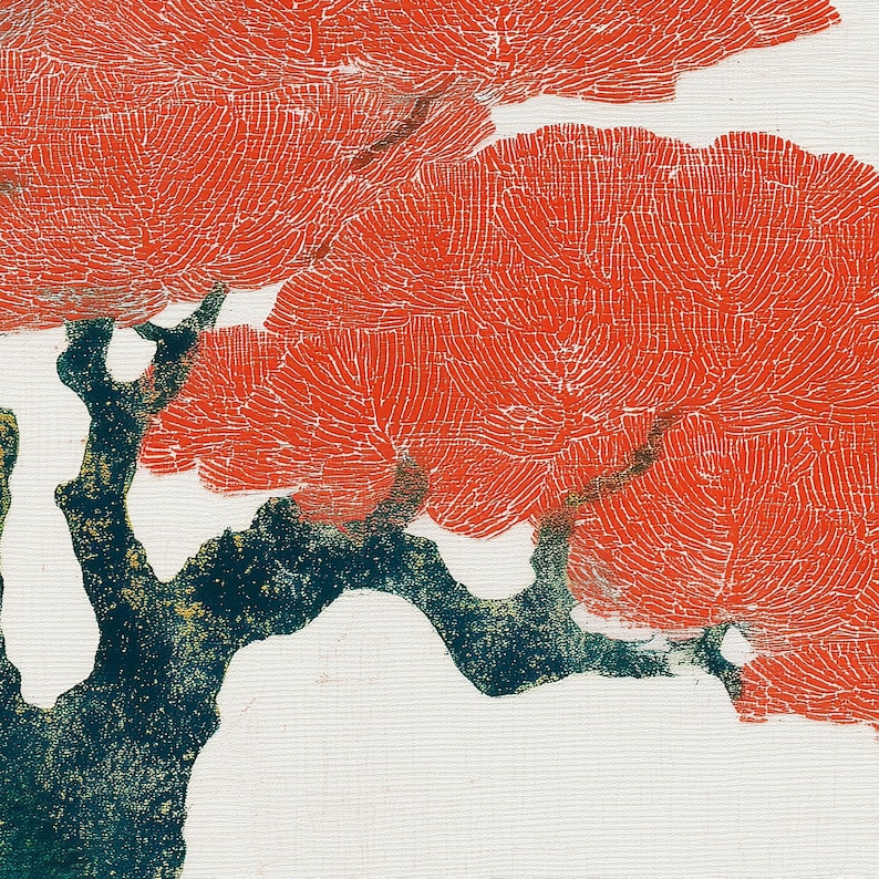 May include: Abstract art print featuring a stylized tree with vibrant red foliage and a dark teal trunk. The artwork has a textured appearance, with white lines creating a detailed pattern within the red leaves. The background is a clean white.