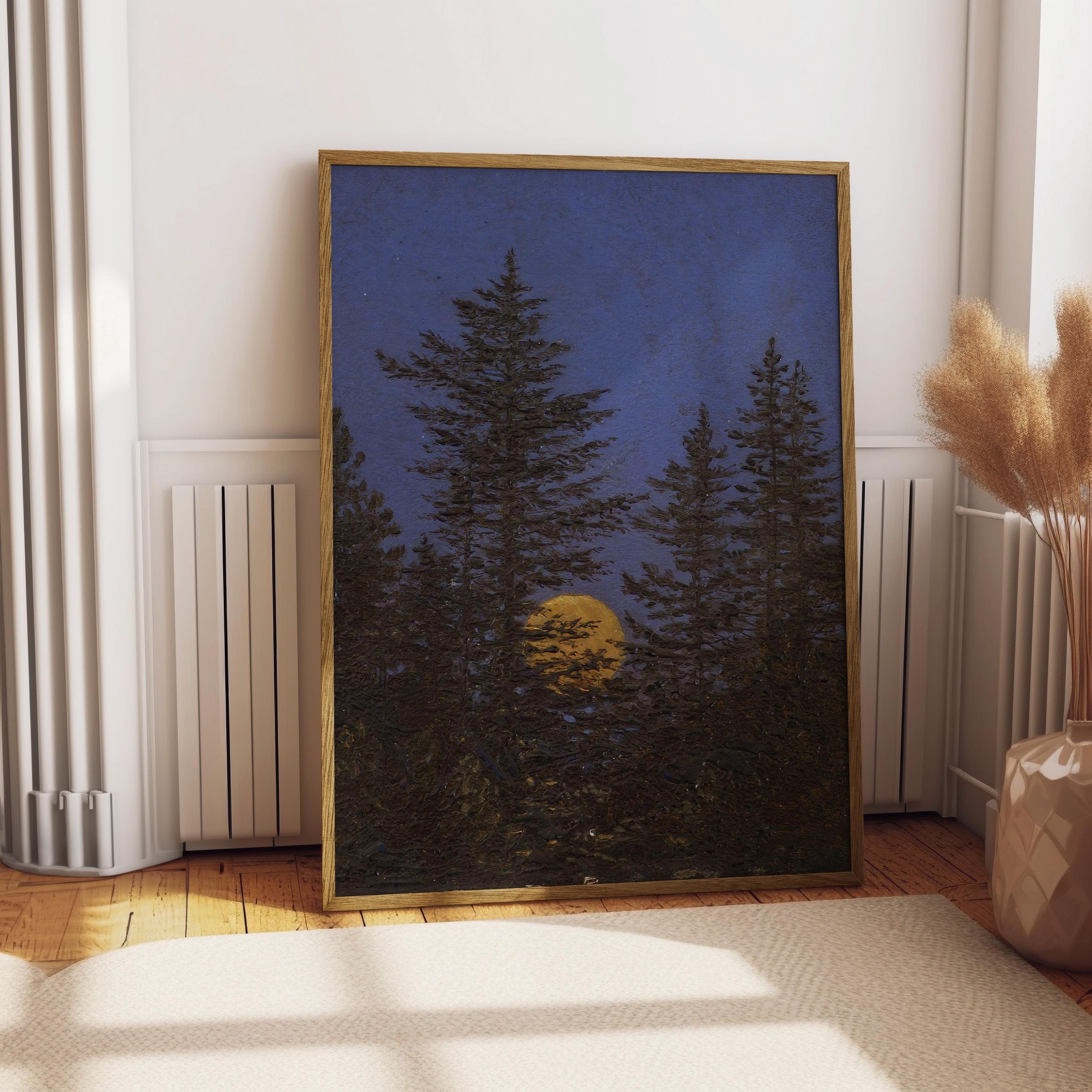 Full Moon Forest Print, Vintage Night Sky Pine Tree Wall Art, Dark Blue ...