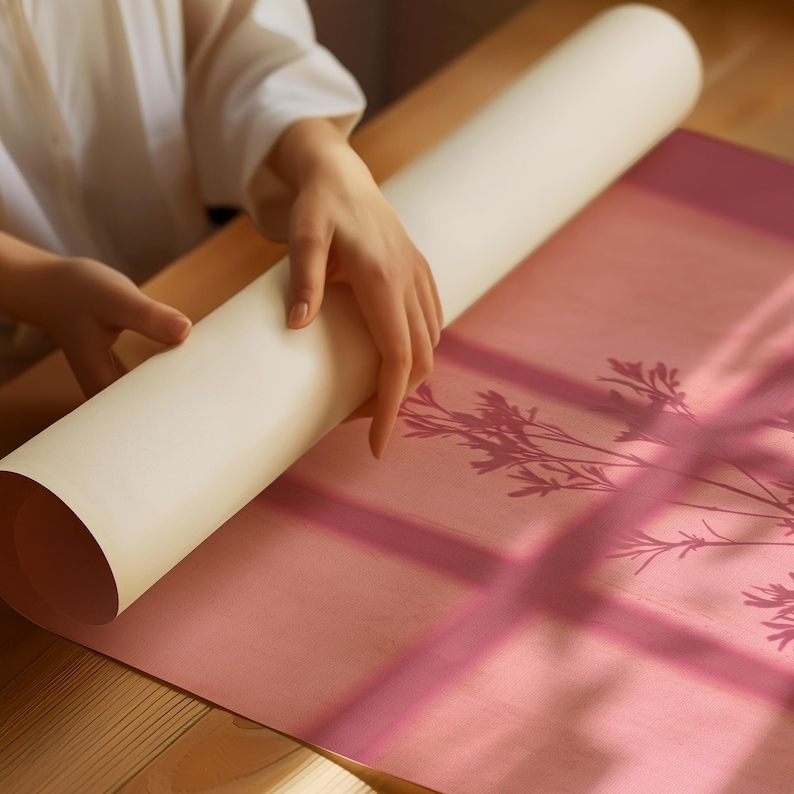 May include: A large, rolled sheet of off-white paper being unrolled onto a flat surface. The paper features a printed design of dark pink botanical silhouettes, including stems and leaves, with a cross-shaped shadow cast across the surface.