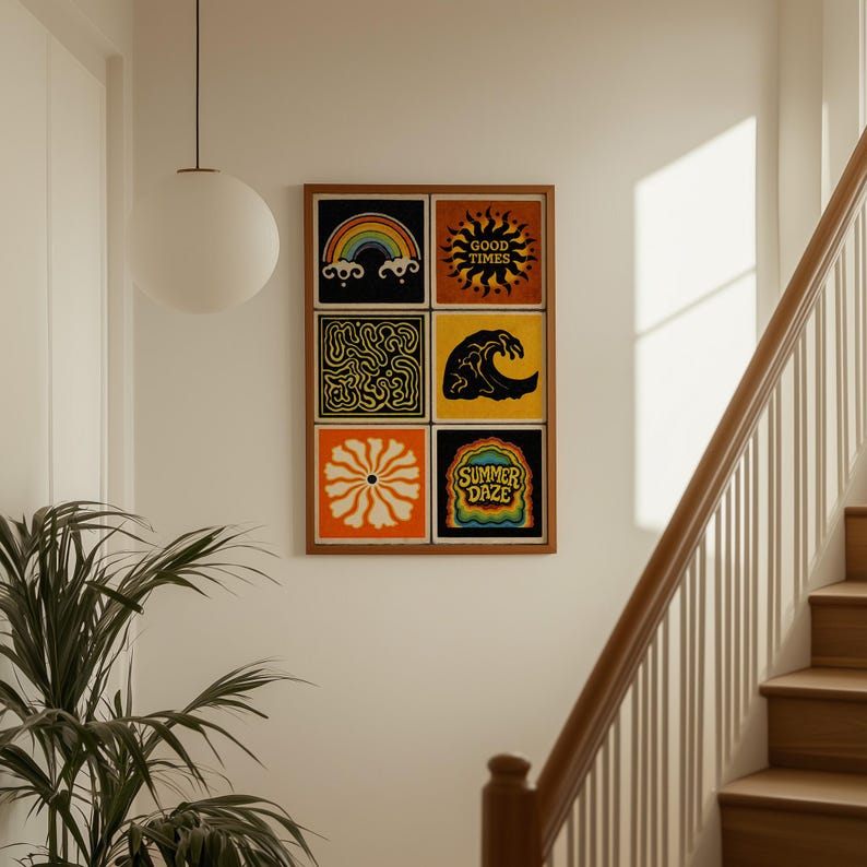 May include: A framed artwork featuring six square panels with colorful, retro-style designs. The panels include a rainbow, sun, maze, wave, flower, and the text "GOOD TIMES" and "SUMMER DAZE". The artwork is displayed on a white wall near a staircase.