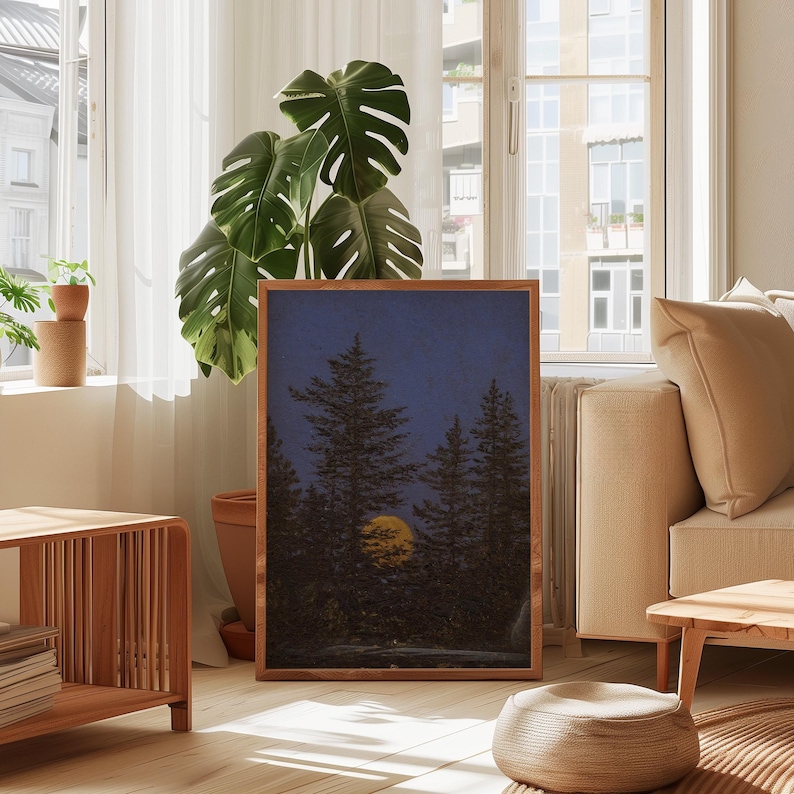 Full Moon Forest Print, Vintage Night Sky Pine Tree Wall Art, Dark Blue ...