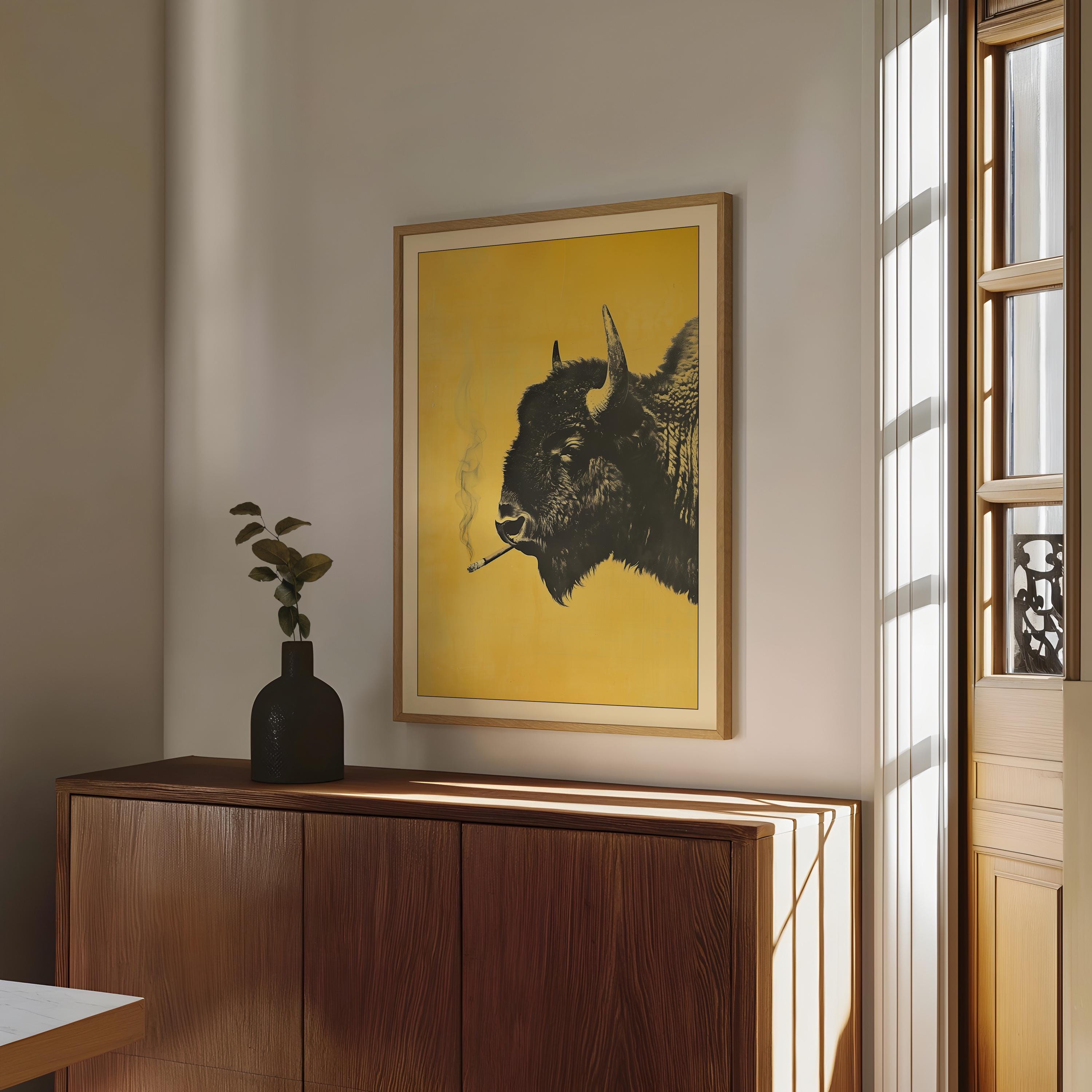 Bison Smoking a Cigarette Vintage Poster Art Funny Buffalo Retro