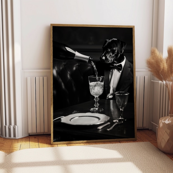 Black Lab Dog Being Served Champagne Funny Black and White Dog Print of Vintage Styled Beverage Poster Bar Wall Decor
