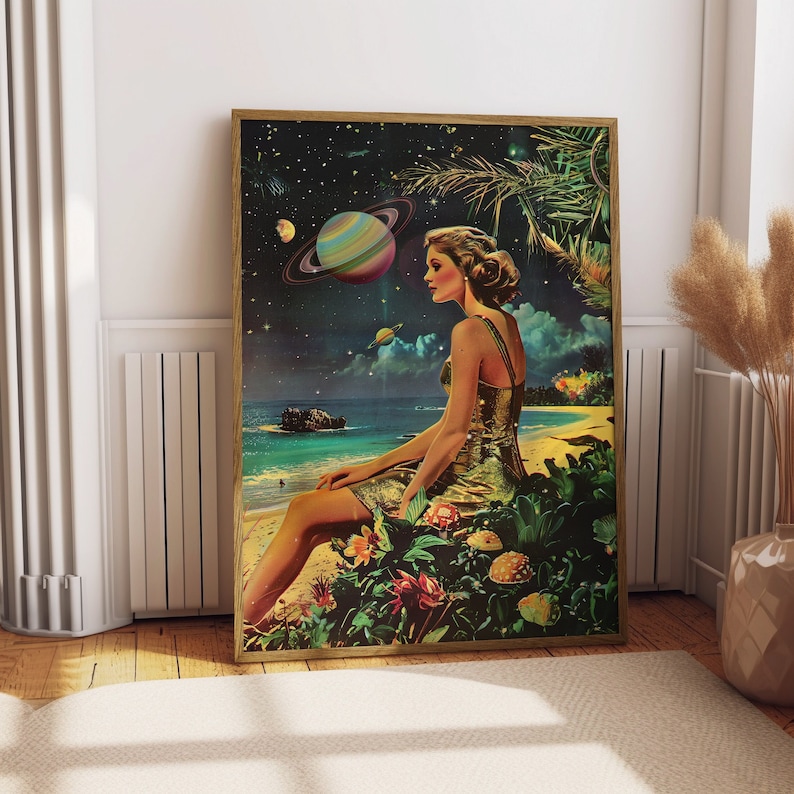 May include: A woman in a gold dress sits on a beach with a tropical background. The sky is filled with stars and planets. The woman is looking off to the side, and the scene is surreal and dreamlike.