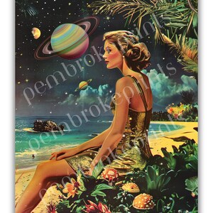 May include: A woman in a gold dress sits on a beach with a lush green jungle behind her. The sky is filled with stars and a planet with rings.