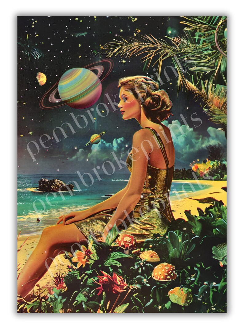 May include: A woman in a gold dress sits on a beach with a lush green jungle behind her. The sky is filled with stars and a planet with rings.