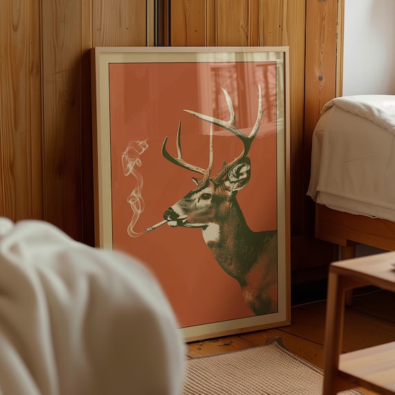 deer smoking cigarette Buck Smoking a Cigarette Vintage Poster Art Funny Whitetail Deer Retro  Whimsical Print Cabin Wall Decor Outdoor Sports Hunter Illustration