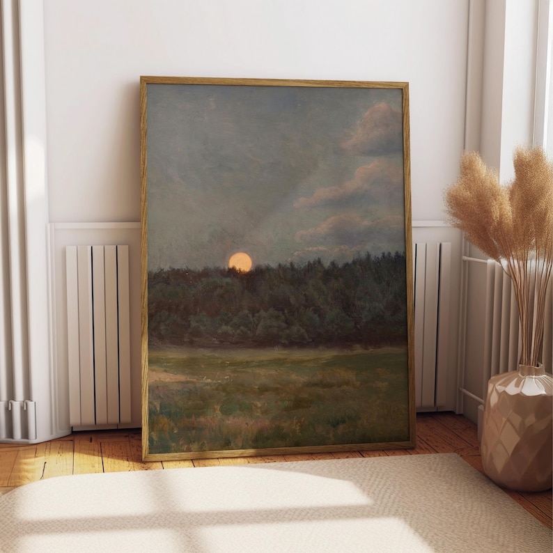 Moonrise Landscape Print, Vintage Full Moon Forest Wall Art, Moody ...