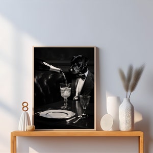 Black Lab Dog Being Served Champagne Funny Black and White Dog Print of Vintage Styled Beverage Poster Bar Wall Decor image 3