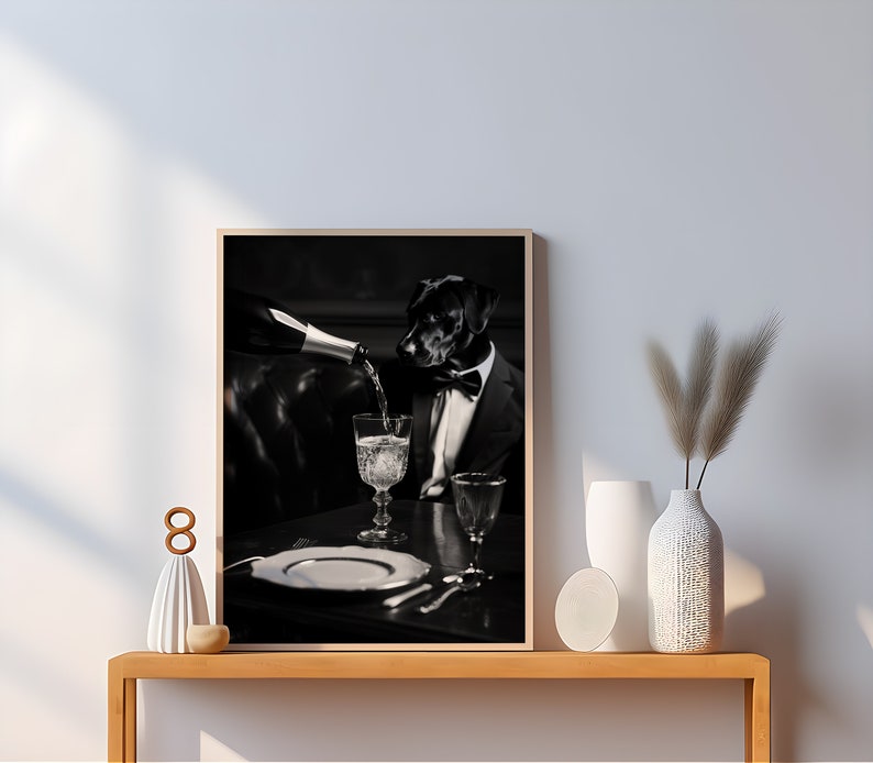 Black Lab Dog Being Served Champagne Funny Black and White Dog Print of Vintage Styled Beverage Poster Bar Wall Decor image 3