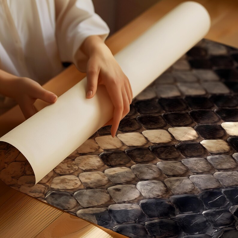 Op de afbeelding: Een rol papier met een herhalend patroon van donkergrijze, zwarte en beige schubben. Het papier is gedeeltelijk uitgerold en onthult een gestructureerd, rasterachtig ontwerp dat verloopt van lichte beigetinten naar diepzwarte tinten.