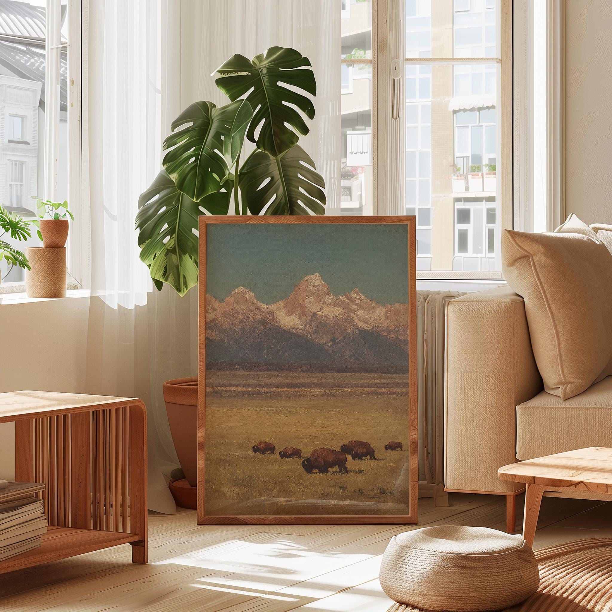 Bison Grazing in a Field Vintage Oil Painting Print Rustic Antique ...