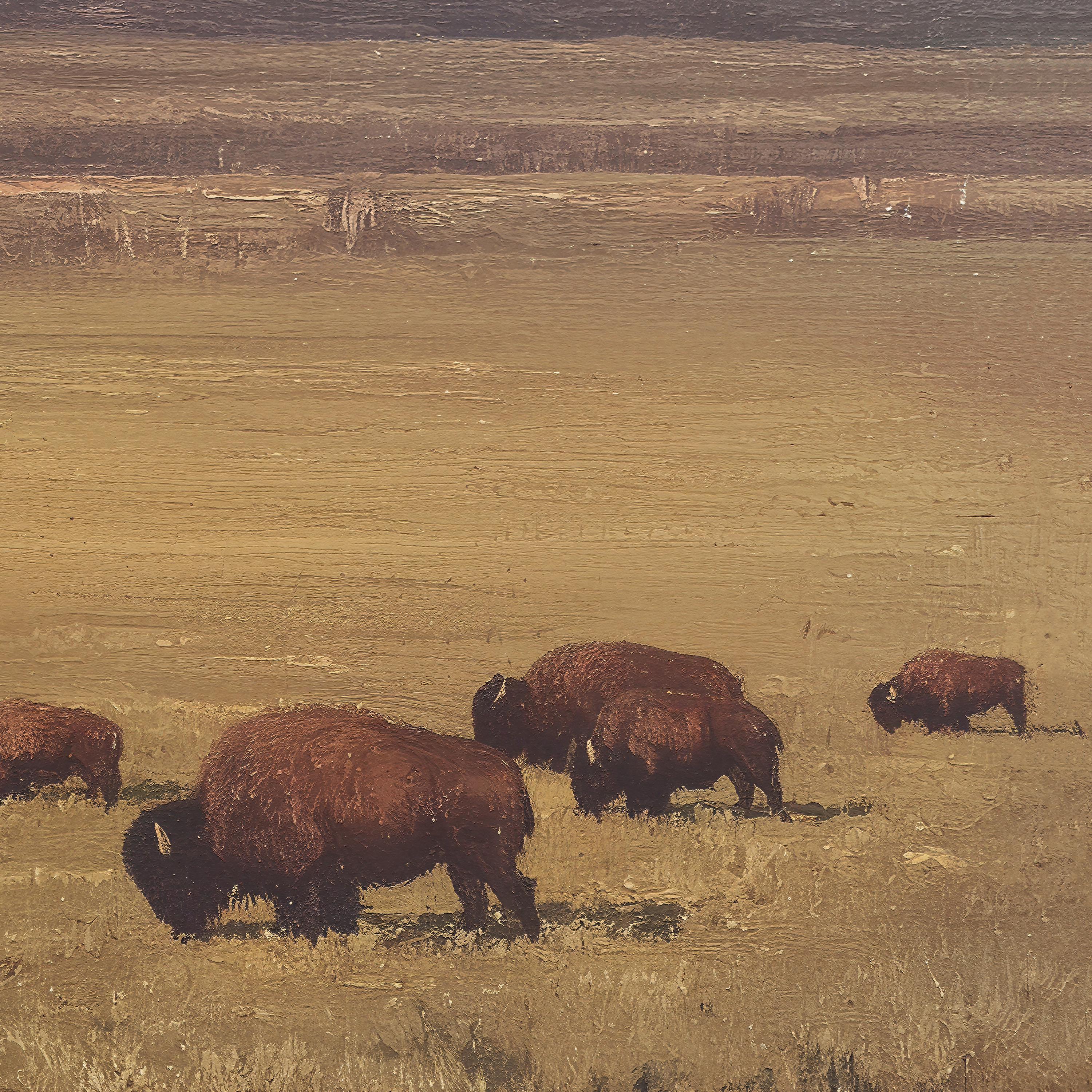 Bison Grazing in a Field Vintage Oil Painting Print Rustic Antique ...