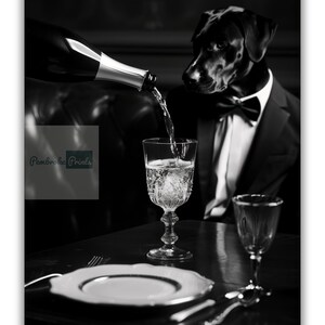 Black Lab Dog Being Served Champagne Funny Black and White Dog Print of Vintage Styled Beverage Poster Bar Wall Decor image 5