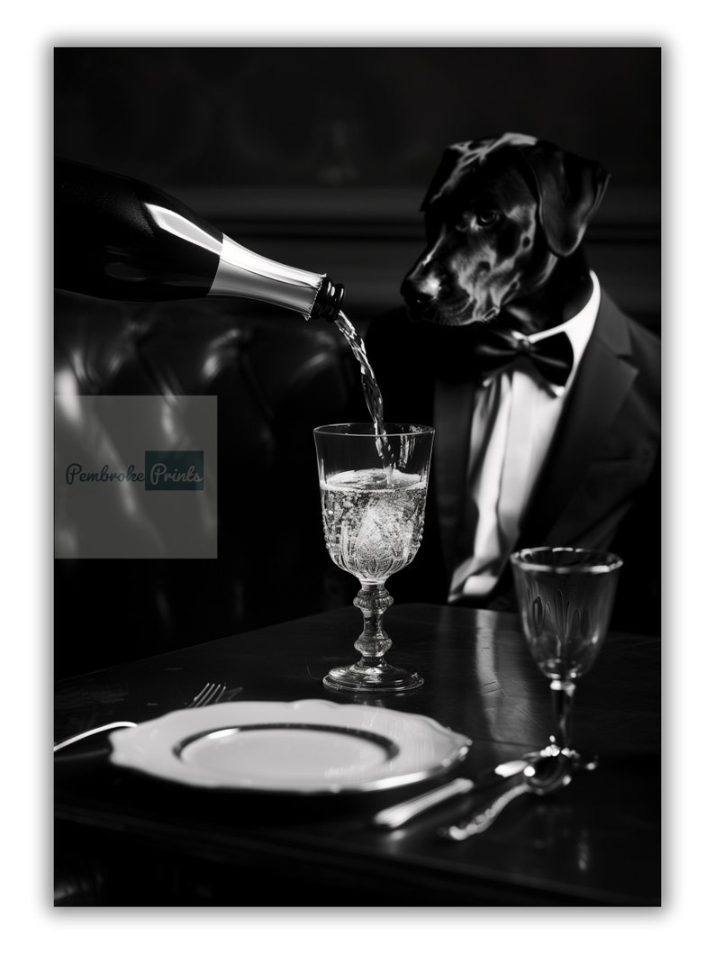 Black Lab Dog Being Served Champagne Funny Black and White Dog Print of Vintage Styled Beverage Poster Bar Wall Decor image 5