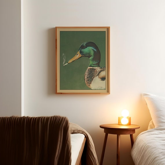 Mallard Smoking a Cigarette Vintage Poster Art Funny Duck Retro Whimsical  Print Cabin Wall Decor Outdoor Sports Hunter Illustration