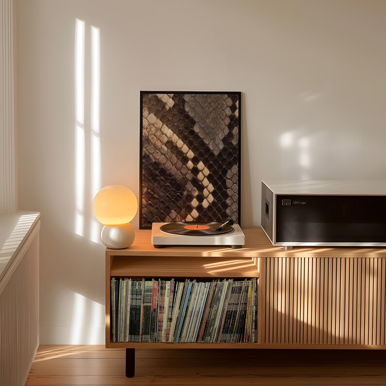 Op de afbeelding: Een mediameubel van licht hout met verticale latten, met daarin een verzameling vinylplaten. Bovenop staat een witte platenspeler met een zwarte plaat, een ronde lamp van matglas en een ingelijste print met een bruin en grijs slangenpatroon.