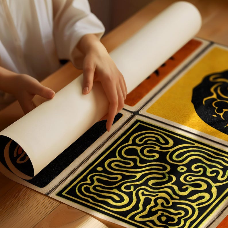 May include: A person unrolling a cream-colored paper scroll onto a set of four square mats. The mats feature black and gold geometric designs on a yellow and black background. The mats are on a wooden surface.