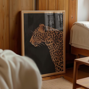 Vintage Leopard on Black Background Print Minimalist Safari Animal Wall Decor Retro Outdoors Poster African Savannah Cabin Cottage Wall Art image 3