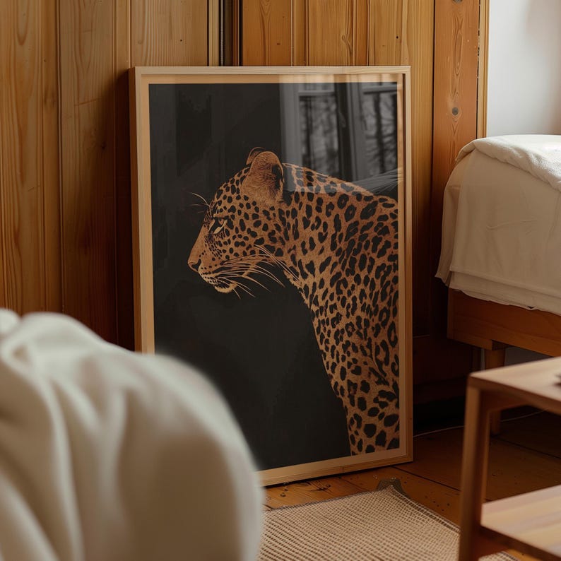 Vintage Leopard on Black Background Print Minimalist Safari Animal Wall Decor Retro Outdoors Poster African Savannah Cabin Cottage Wall Art image 3