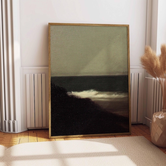Waves Crashing on Beach Vintage Oil Painting Rustic Ocean Coast 1800s Print Moody Wall Decor Antique Cottage Farmhouse Minimalist Wall Art