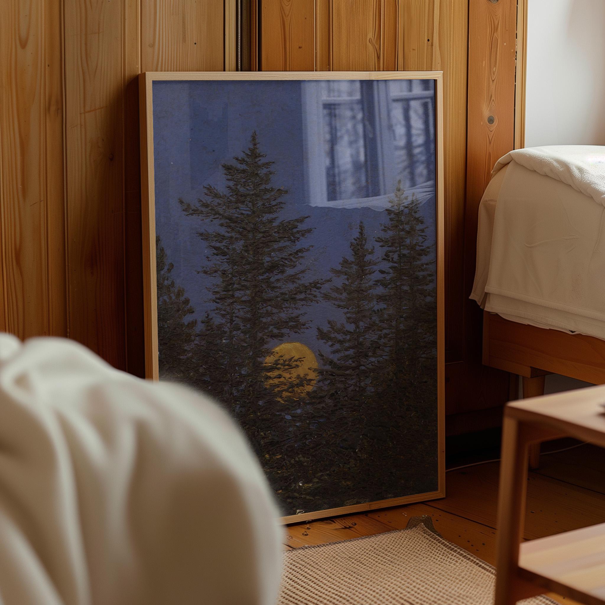 Full Moon Forest Print, Vintage Night Sky Pine Tree Wall Art, Dark Blue ...